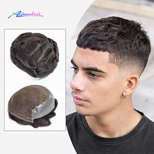 Stock Quick Delivery Q6 Swiss Lace Human Hair Men Toupee with PU Skin around Back and Side